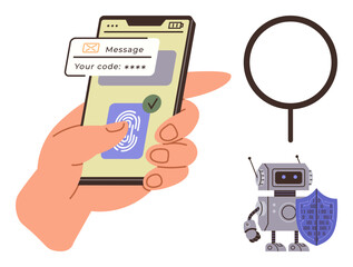 Smartphone authentication with a message code, fingerprint scan, magnifying glass, and robot with shield. Ideal for cybersecurity, identity verification, data protection, online privacy, artificial