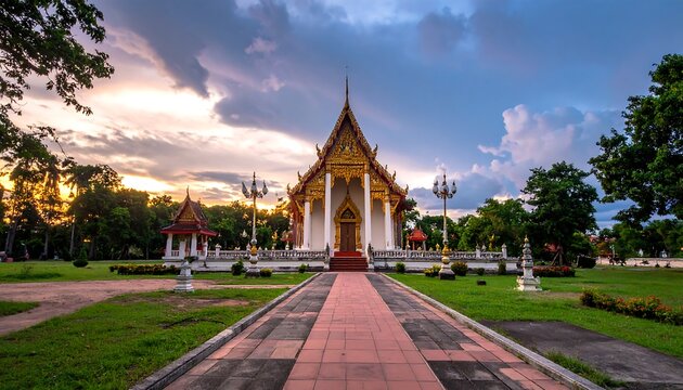 Buddhist temple at sunset