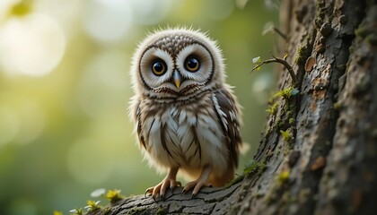 Cute baby owl looking curious, standing on tree branch, close-up nature shot, wildlife conservation concept, suitable for magazine or educational content