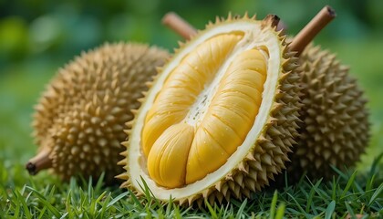 Macro photography of durian fruits outdoors, showing detailed spiky texture, fresh and ripe, placed on grass with blurred green nature background, high detail, sharp focus.