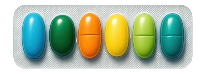 Tablets arranged in a strip on a white background.