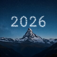 Scenic Nighttime Mountain Landscape with Sparkling 2026 New Year Inscription