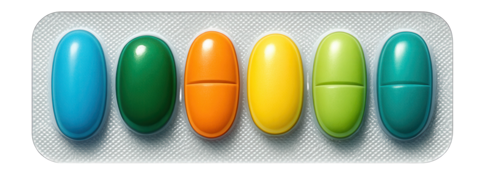 Tablets arranged in a strip on a white background.