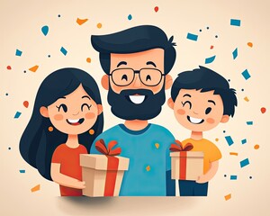 Dad with kids holding gifts, confetti background, vector illustration. Use for celebrating Father's Day or for birthday-themed designs.