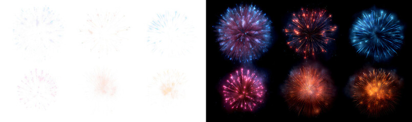 Naklejka premium Collection Fireworks Bursting in Various Patterns and Shades Display on Transparent and Black Background, png