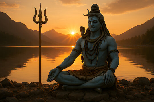 Serene lord mahadev meditating at sunset, sitting on rocks beside a calm lake with his trishul, a spiritual and peaceful image for shivratri and sawan somvar
