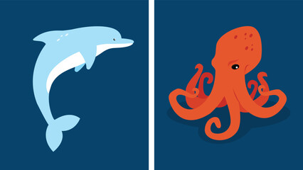 Octopus and dolphin. Vector illustration in a flat style on a blue background.