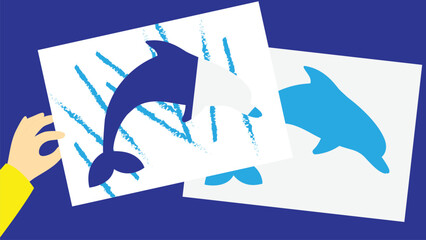 Illustration of a dolphin painting with a brush in a blue background