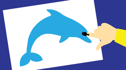 Illustration of a dolphin in a square shape on a blue background