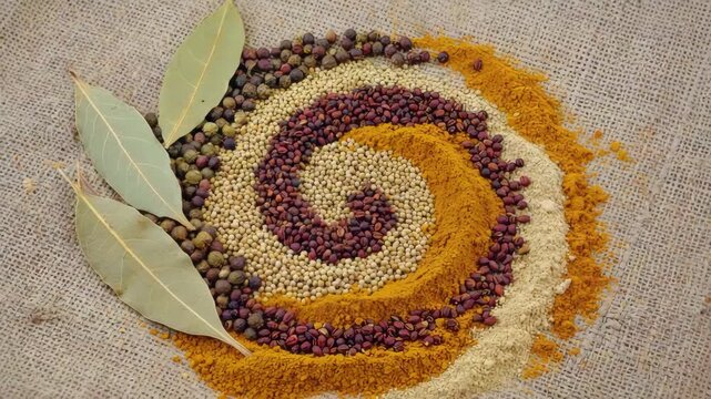 An array of vibrant, natural seasonings laid out to resemble a spiral with a mint leaf in the center.