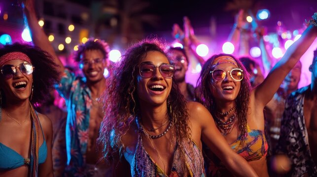 Group of happy young people dancing and smiling at vibrant summer beach party with colorful lights, music, and energetic festival vibes under the night sky in tropical vacation destination