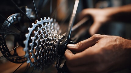 a mechanic working on the gears of a bicycle