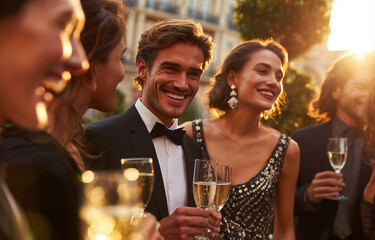 A group of stylish people at an elegant party, holding glasses with champagne and laughing together in the evening light.