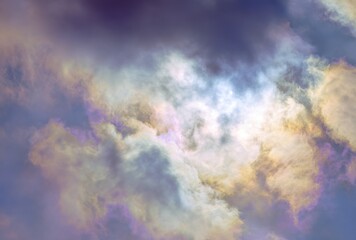 White iridescent clouds, close-up, pale yellow and purple sky, ethereal dreamy scene