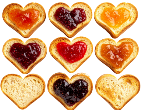 Top-Down View of Heart-Shaped Toasts with Jam Variety, Isolated PNG