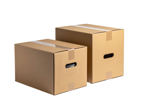 Two cardboard moving boxes, one larger than the other, sit side-by-side.  Both feature tape and a small hole for easy handling