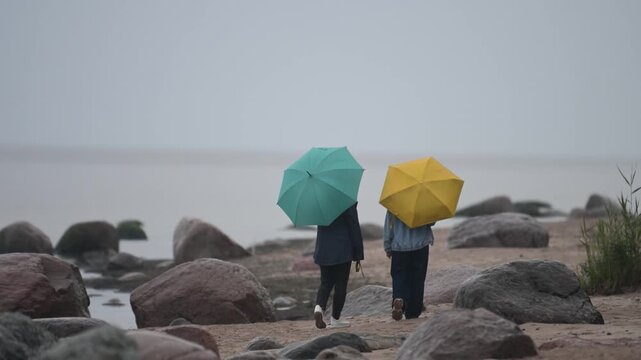 Couple walks with umbrellas during the rain along the seashore with boulders.