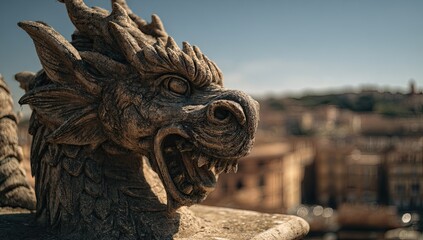 Close-up of a stone dragon's head, cityscape backdrop