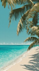 Obraz premium white sandy beach, turquoise waters, palm fronds, vintage-inspired, pastel colors