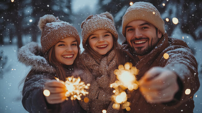 happy family taking selfie with sparklers in snowy forest, celebrating new year together with joyful winter atmosphere and festive outdoor mood