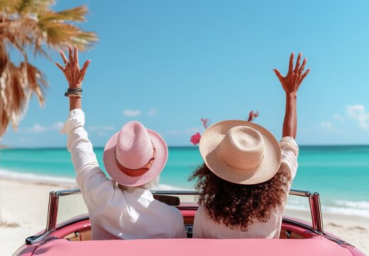Happy senior couple enjoys a carefree convertible ride on a sunny beach, arms raised in joyful celebration of retirement