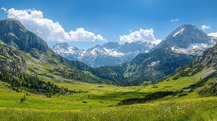 Fototapeta premium A breathtaking mountain landscape with snowcapped peaks, green meadows, and a clear blue sky.