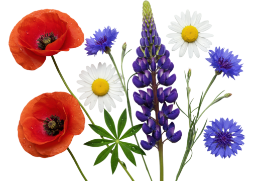 Poppy, daisies, lupine, cornflowers, green stems, water droplets, flat lay on seamless transparent, a pristine natural beauty concept.