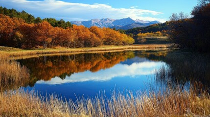 Fototapeta premium A calm nature landscape with a still lake reflecting the surrounding forests and distant mountains.