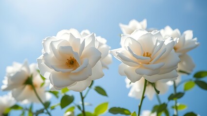 Obraz premium Delicate white roses blooming gracefully under a clear blue sky with gentle sunlight.