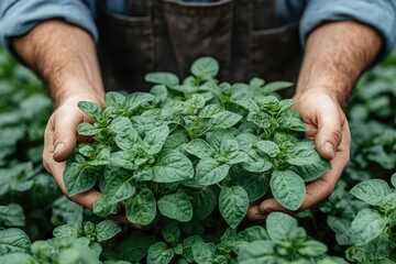 Farmer's hands hold leafy green spinach plants from the field. Showcasing fresh produce for a healthy lifestyle or farm-to-table project.