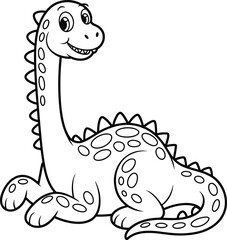 Cartoon dinosaur, black and white drawing, cute brachiosaurus, kids coloring page, vector illustration, friendly prehistoric animal, sitting pose, line art