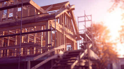 Obraz premium Construction site featuring wooden framework of a house under bright sunlight, with scaffolding and trees in the background, showcasing the building process and craftsmanship