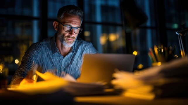 A candid businessman working late in the office, surrounded by paperwork and focused on his laptop.