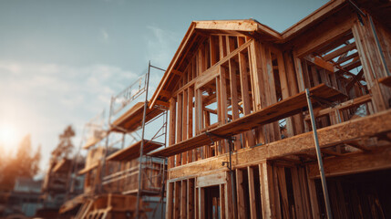 Construction site featuring wooden framework of a house under bright sunlight, showcasing scaffolding and building materials, emphasizing the progress of home construction