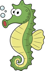 Cartoon seahorse, green aquatic animal, underwater bubbles, cute marine creature, vector illustration, ocean wildlife, kids art, colorful sea life