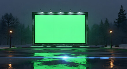 An empty green screen billboard illuminated at night on a wet road in a snowy, winter park.