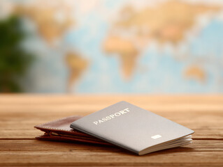 Passport and wallet on wooden table with blurred world map background for travel planning