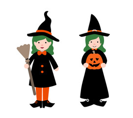 Halloween Witches Clipart Set.  
Cute Cartoon Young Witch Characters with Broom And Pumpkin.
Flat Vector Illustration Graphic Design.
White background.