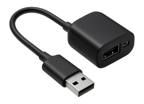 Black USB cable with adapter on white background.