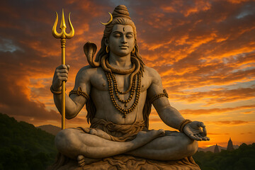 Obraz premium Majestic shiva statue meditating with a trident against a stunning orange sky, representing divine power, perfect for mahadev and shivratri themes