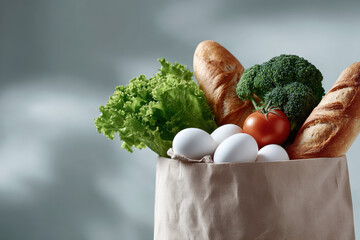 Paper shopping bag holding fresh groceries on grey background