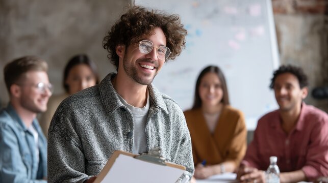 A candid moment of a team meeting, with one member presenting a proposal to the group. - Powered by Adobe
