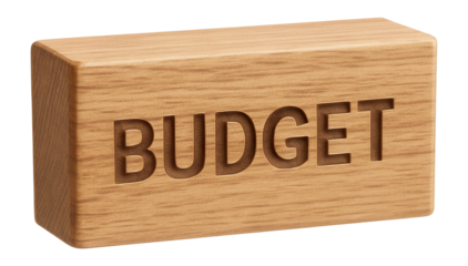 "BUDGET" text on wooden block.