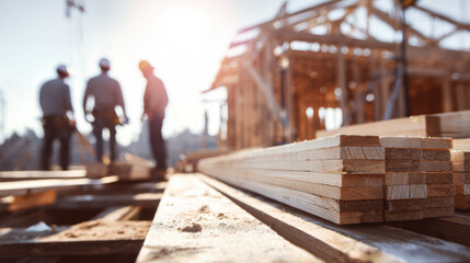 Construction workers on a building site, silhouetted against the sun, with stacked wooden planks in the foreground, showcasing teamwork and dedication in the construction industry