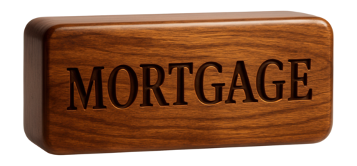 "MORTGAGE" text on a wooden block.