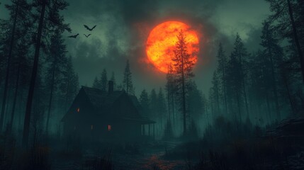 Spooky cabin in dark forest under a red moon.