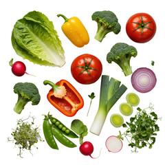 Vibrant fresh premium vegetables with water droplets, sea salt, flat lay on transparent, clean studio environment, concept of healthy food.