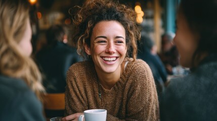 A candid photo of a woman laughing while chatting with her friends over coffee.