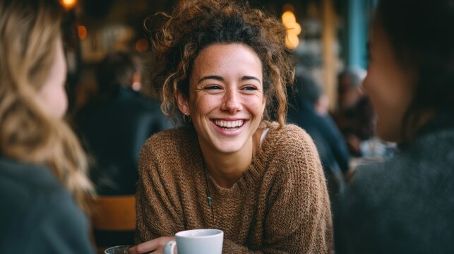 A candid photo of a woman laughing while chatting with her friends over coffee.