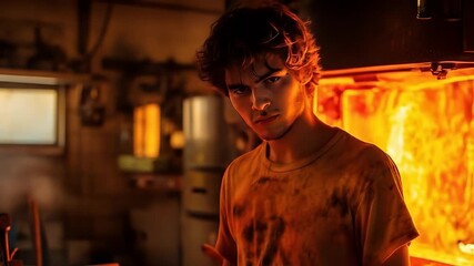 Young man working in kitchen with flames and passion, showcasing intensity under warm light in a busy culinary environment